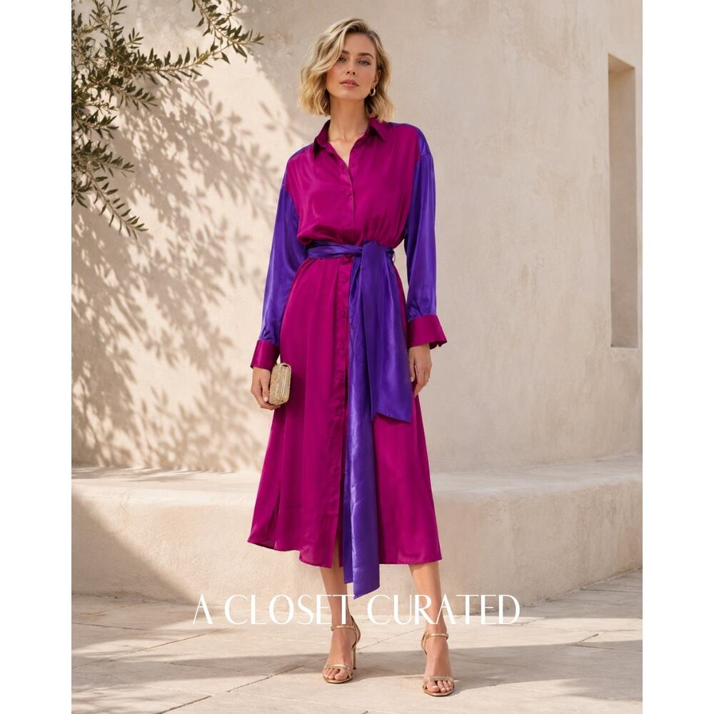 Dovima Paris Satin Midi Shirt Dress Small Purple Pink NWT